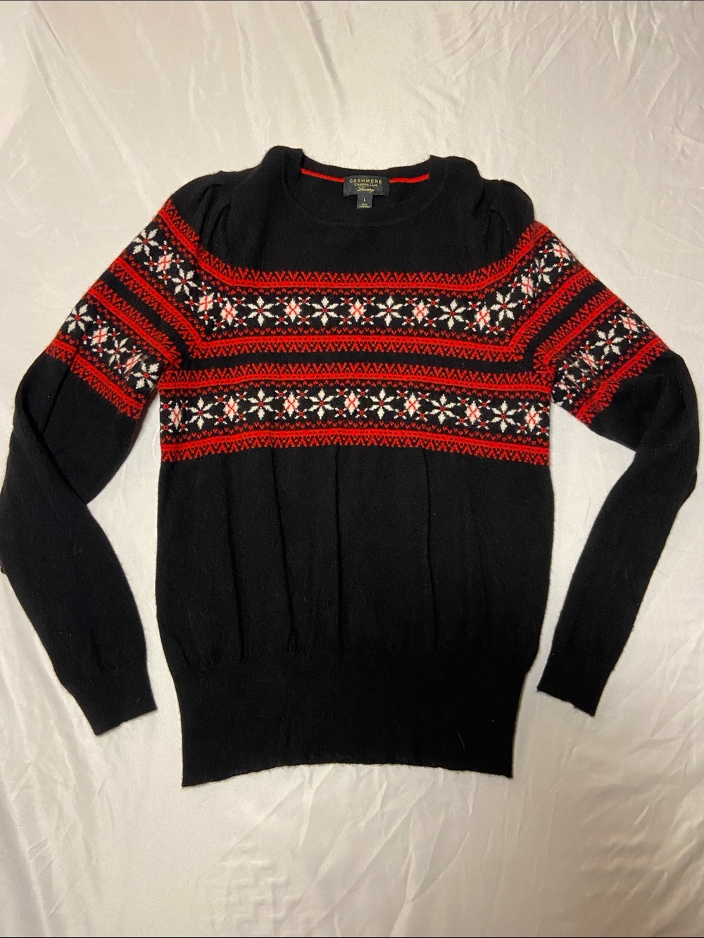 Charter Club Black Cashmere Crewneck Sweater with Red & White Fair Isle